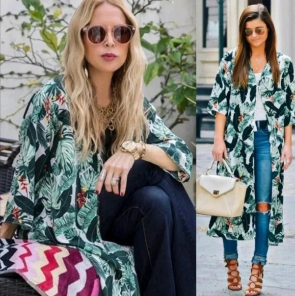 {Rachel Zoe} Curated Monstera Tassel Tie Tropical Long Cover Up Duster - Picture 3 of 16